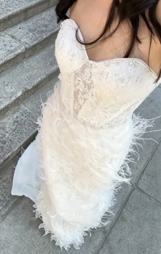 Ornate Strapless Appliques Wedding Dress Feather Beads Mermiad Bridal Dress GG6692