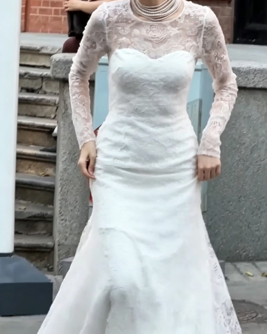 Simple Jewel Neck Lace Wedding Dress Long Sleeve Mermiad Bridal Dress GG6693
