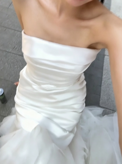 Simple Strapless Satin Wedding Dress Ruffled Tulle Mermiad Bridal Dress GG6695