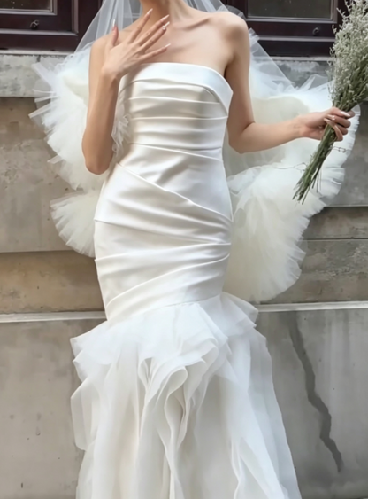 Simple Strapless Satin Wedding Dress Ruffled Tulle Mermiad Bridal Dress GG6695