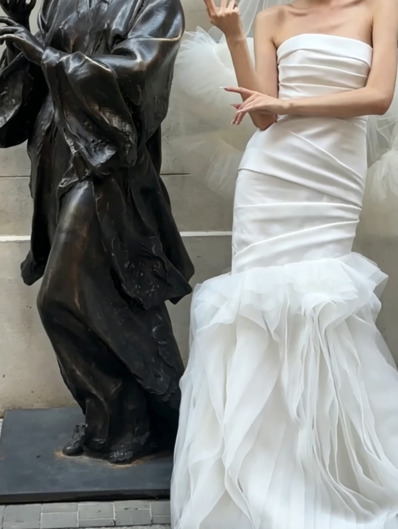 Simple Strapless Satin Wedding Dress Ruffled Tulle Mermiad Bridal Dress GG6695