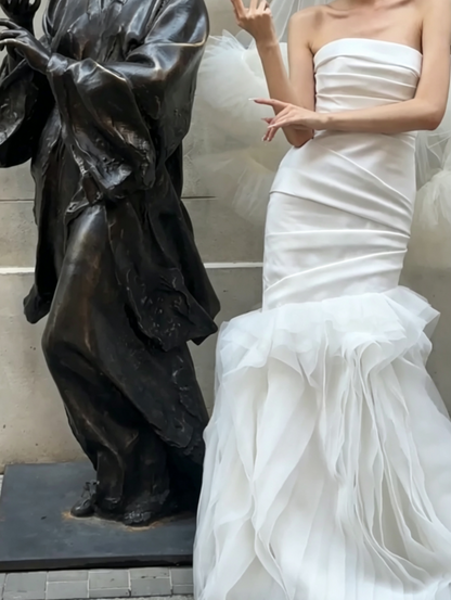 Simple Strapless Satin Wedding Dress Ruffled Tulle Mermiad Bridal Dress GG6695