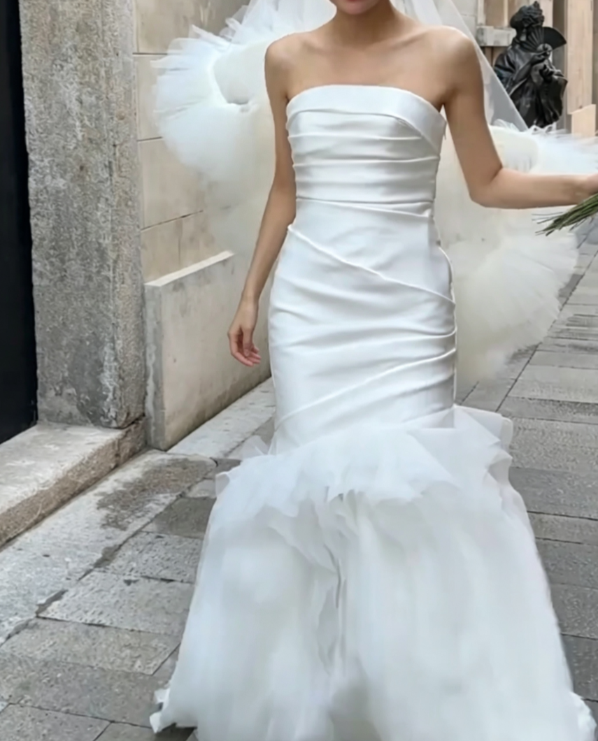 Simple Strapless Satin Wedding Dress Ruffled Tulle Mermiad Bridal Dress GG6695