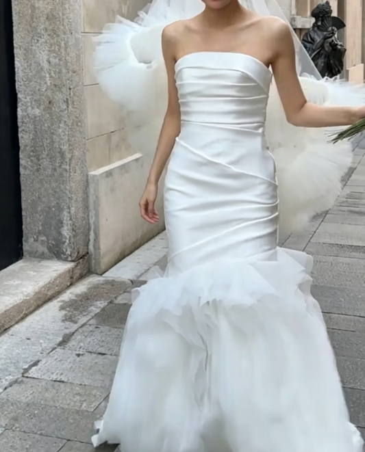 Simple Strapless Satin Wedding Dress Ruffled Tulle Mermiad Bridal Dress GG6695
