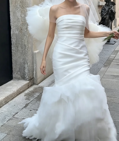 Simple Strapless Satin Wedding Dress Ruffled Tulle Mermiad Bridal Dress GG6695