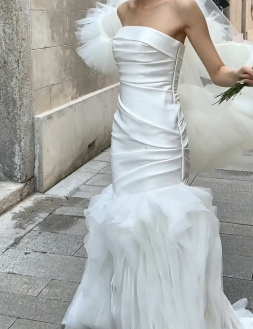 Simple Strapless Satin Wedding Dress Ruffled Tulle Mermiad Bridal Dress GG6695