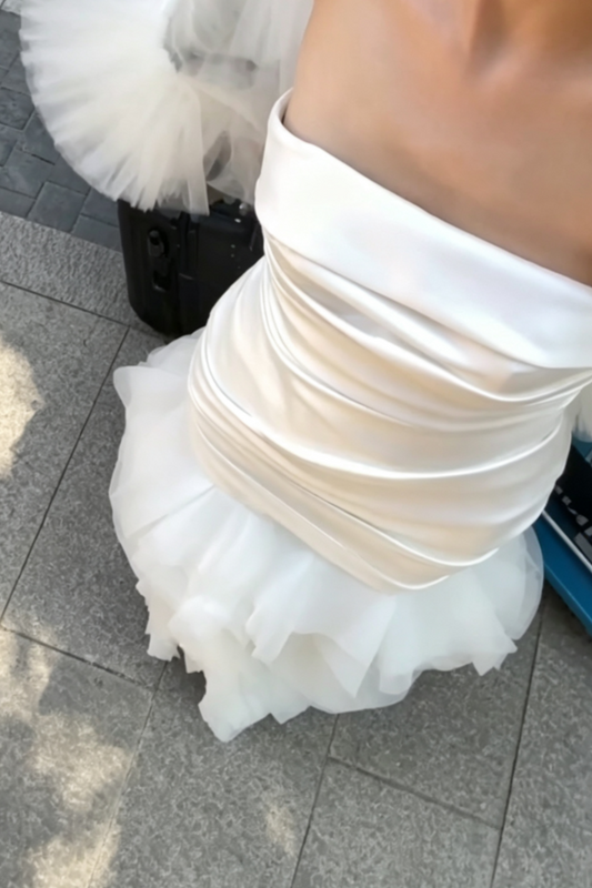 Simple Strapless Satin Wedding Dress Ruffled Tulle Mermiad Bridal Dress GG6695