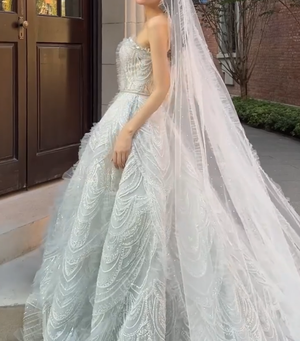 Exquisite Strapless Sequins Wedding Dress Beading Tulle A-Line Bridal Dress GG6696