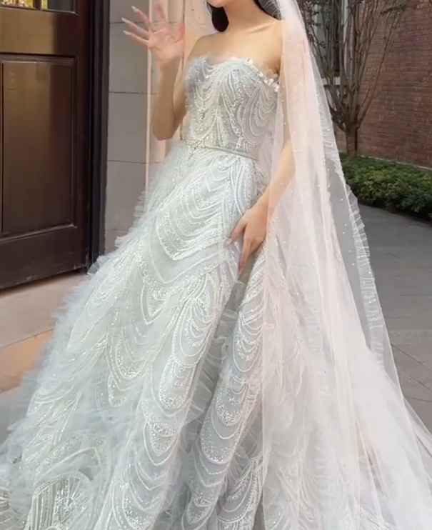 Exquisite Strapless Sequins Wedding Dress Beading Tulle A-Line Bridal Dress GG6696
