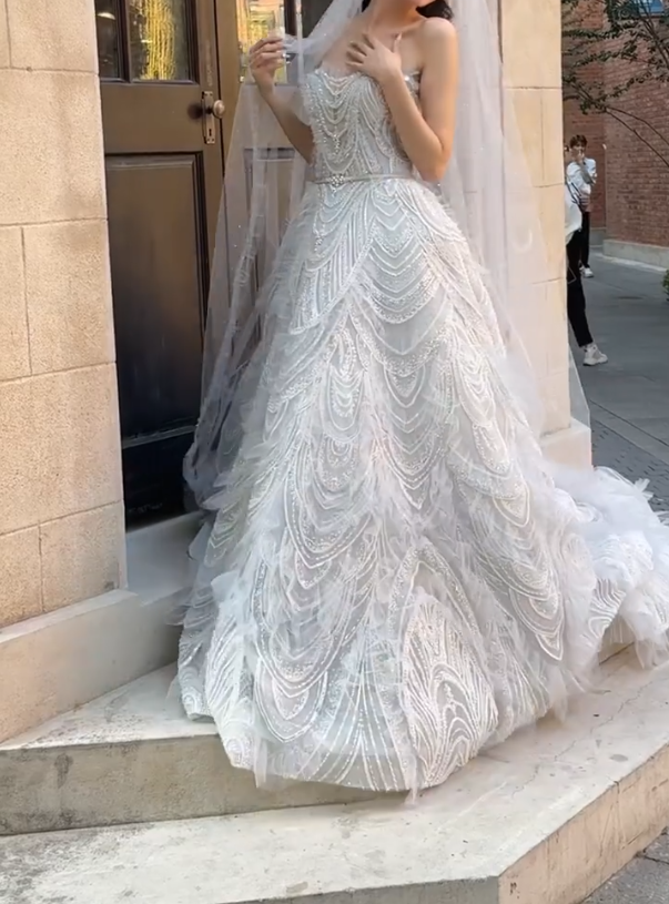 Exquisite Strapless Sequins Wedding Dress Beading Tulle A-Line Bridal Dress GG6696