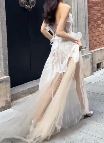 Graceful Strapless Ruffled Wedding Dress Sequins Tulle Mermiad Bridal Dress GG6697
