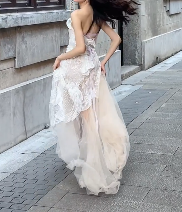 Graceful Strapless Ruffled Wedding Dress Sequins Tulle Mermiad Bridal Dress GG6697