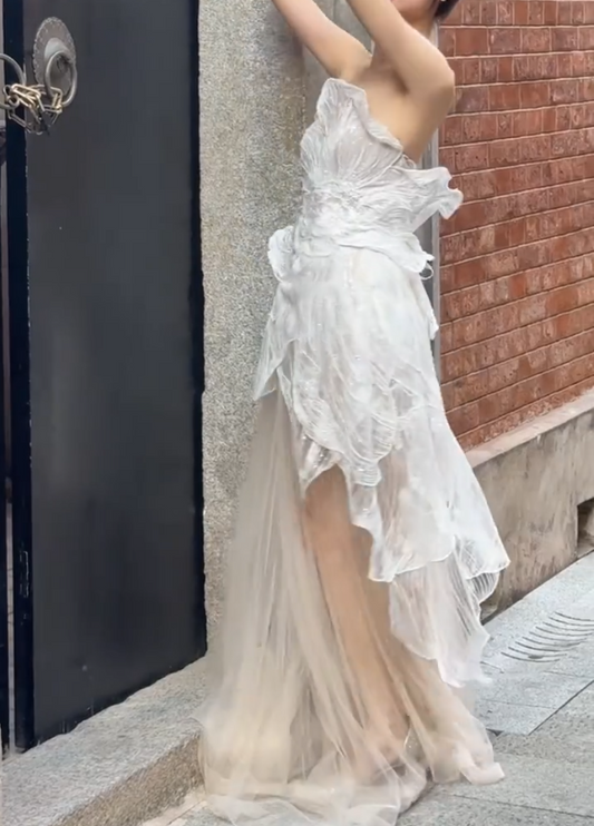 Graceful Strapless Ruffled Wedding Dress Sequins Tulle Mermiad Bridal Dress GG6697