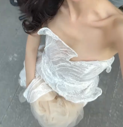 Graceful Strapless Ruffled Wedding Dress Sequins Tulle Mermiad Bridal Dress GG6697
