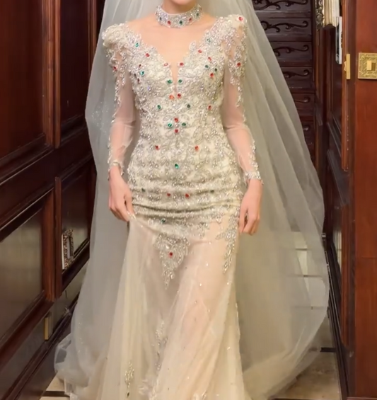 Ornate Halter Neck Sequins Prom Dress Long Sleeve Crystals A-Line Evening Dress GG6699