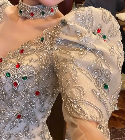 Ornate Halter Neck Sequins Prom Dress Long Sleeve Crystals A-Line Evening Dress GG6699