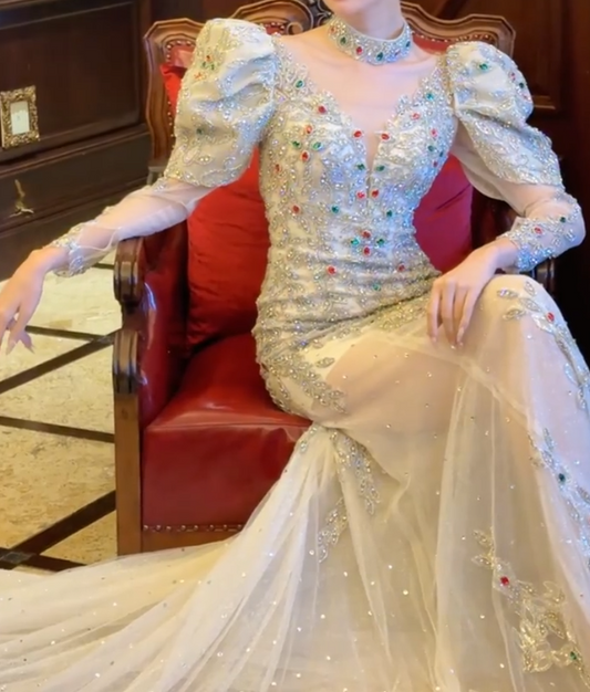 Ornate Halter Neck Sequins Prom Dress Long Sleeve Crystals A-Line Evening Dress GG6699