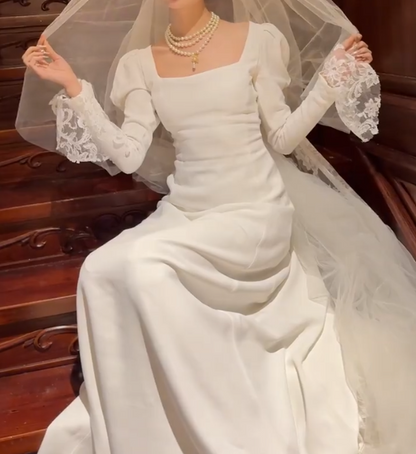 Classical Square Neck Wedding Dress Lace Long Sleeve Mermiad Bridal Dress GG6700