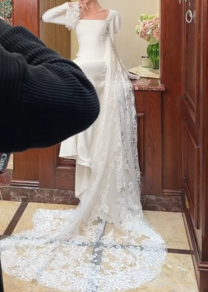 Classical Square Neck Wedding Dress Lace Long Sleeve Mermiad Bridal Dress GG6700