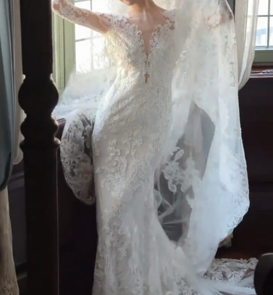 Trendy V Neck Backless Wedding Dress Lace Long Sleeve Mermiad Bridal Dress GG6701