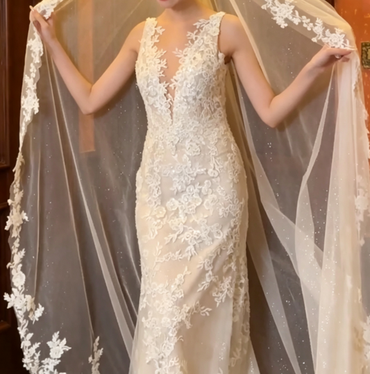 Chic V Neck Sequins Wedding Dress Appliques Mermiad Bridal Dress GG6702
