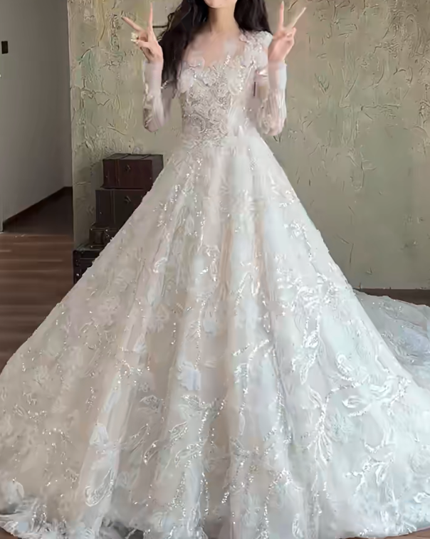 Sleek Illusion Neck Sequins Wedding Dress Long Sleeve Appliques A-Line Bridal Dress GG6703