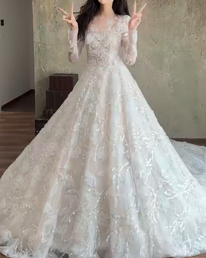 Sleek Illusion Neck Sequins Wedding Dress Long Sleeve Appliques A-Line Bridal Dress GG6703