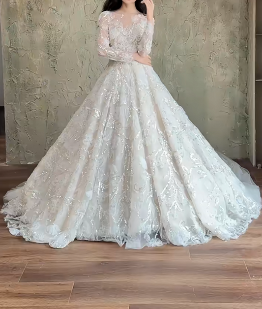 Sleek Illusion Neck Sequins Wedding Dress Long Sleeve Appliques A-Line Bridal Dress GG6703