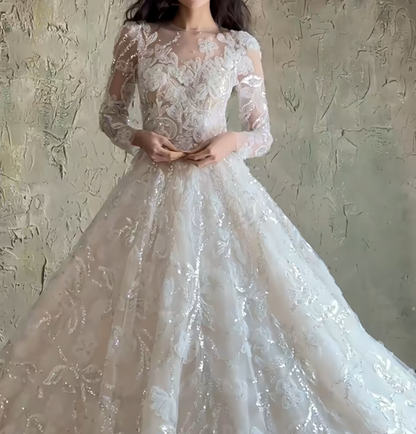 Sleek Illusion Neck Sequins Wedding Dress Long Sleeve Appliques A-Line Bridal Dress GG6703