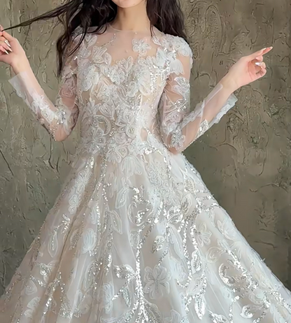 Sleek Illusion Neck Sequins Wedding Dress Long Sleeve Appliques A-Line Bridal Dress GG6703