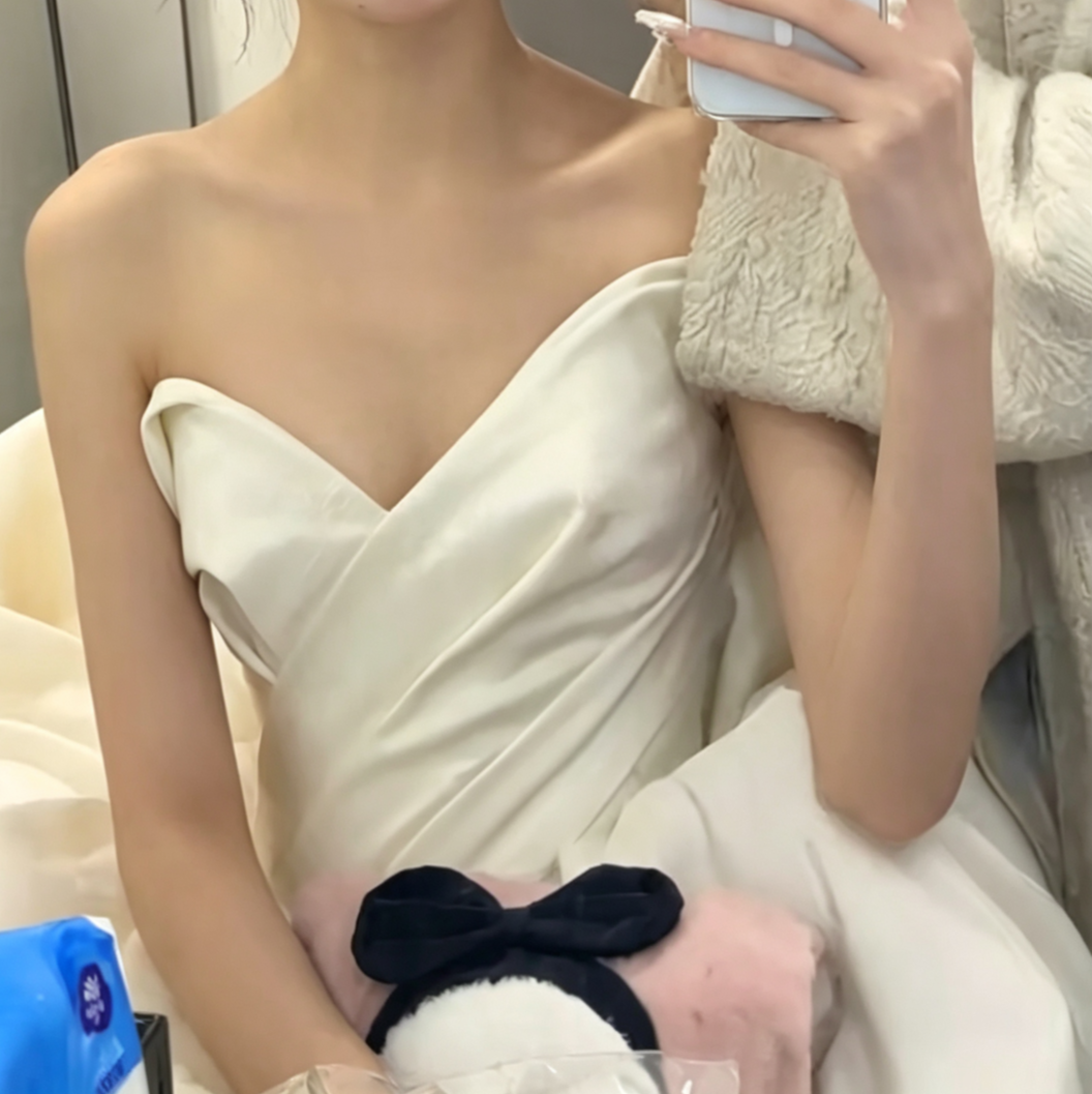 Classical Strapless Ruched Wedding Dress Satin A-Line Bridal Dress GG6705