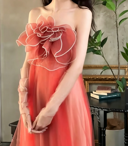 Vintage Strapless Red Prom Dress Handmade Flower Tulle Mermaid Evening Dress GG6706