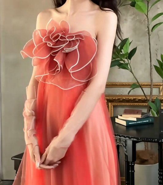 Vintage Strapless Red Prom Dress Handmade Flower Tulle Mermaid Evening Dress GG6706