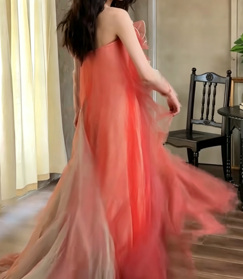 Vintage Strapless Red Prom Dress Handmade Flower Tulle Mermaid Evening Dress GG6706