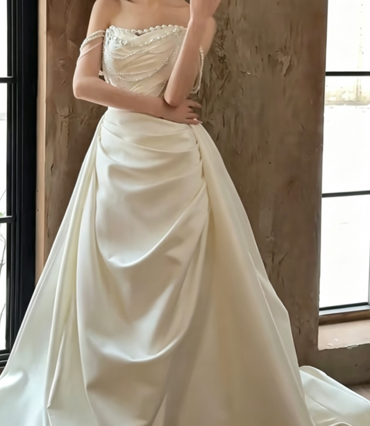 Classical Off-Shoulder Satin Wedding Dress Beading A-Line Bridal Dress GG6707