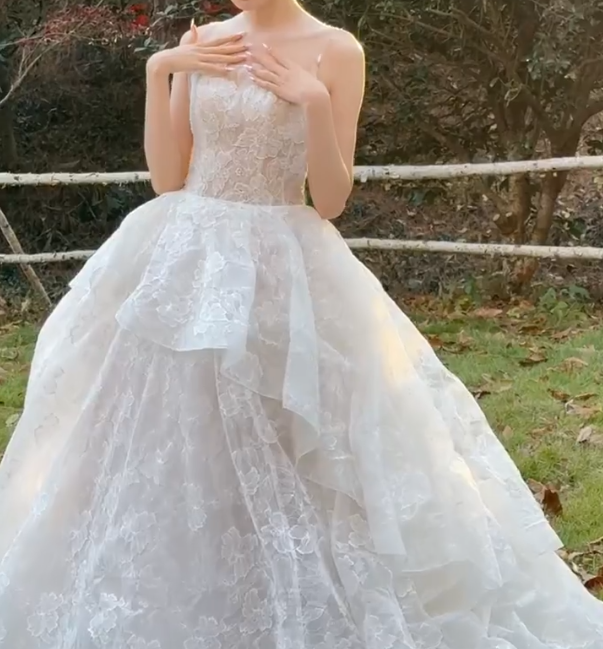 Sleek Illusion Neck Ruffled Wedding Dress Lace A-Line Bridal Dress GG6710