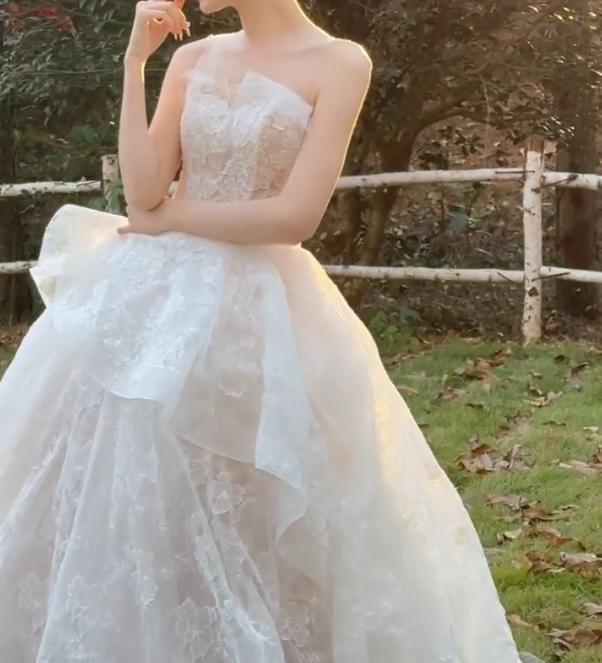 Sleek Illusion Neck Ruffled Wedding Dress Lace A-Line Bridal Dress GG6710