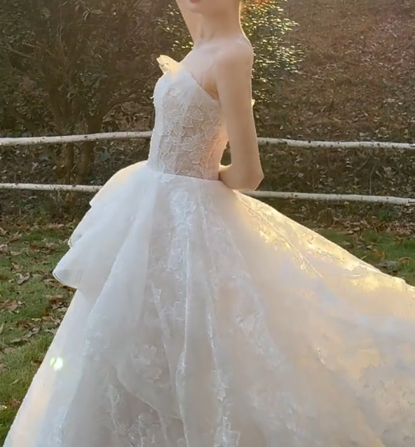Sleek Illusion Neck Ruffled Wedding Dress Lace A-Line Bridal Dress GG6710