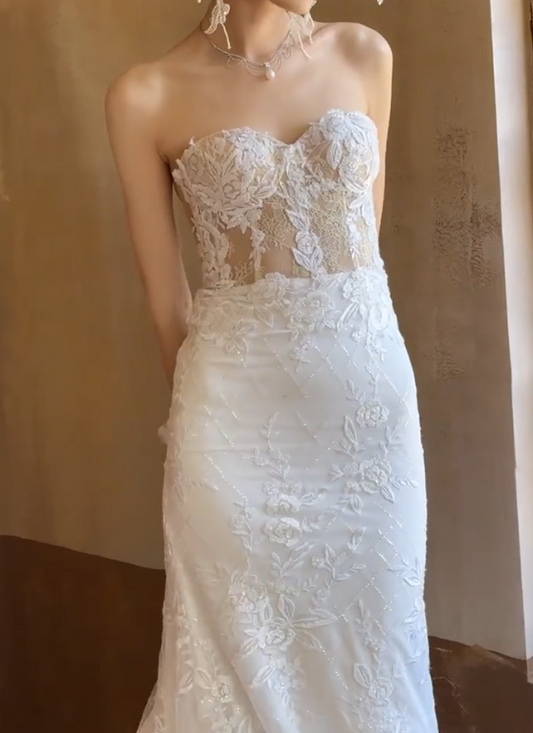 Modern Strapless Appliques Wedding Dress Lace Mermiad Bridal Dress GG6713