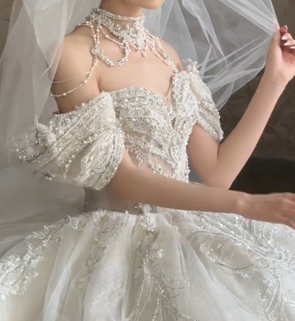 Fascinating Off-Shoulder Wedding Dress Sequins Beading A-Line Bridal Dress GG6714