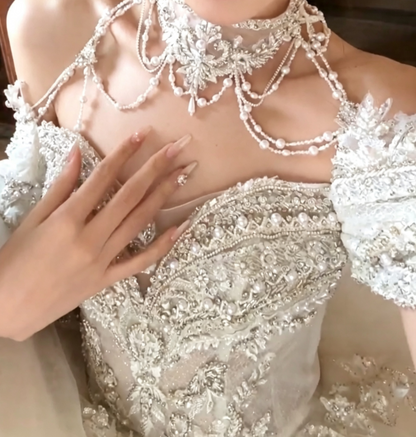 Fascinating Off-Shoulder Wedding Dress Sequins Beading A-Line Bridal Dress GG6714