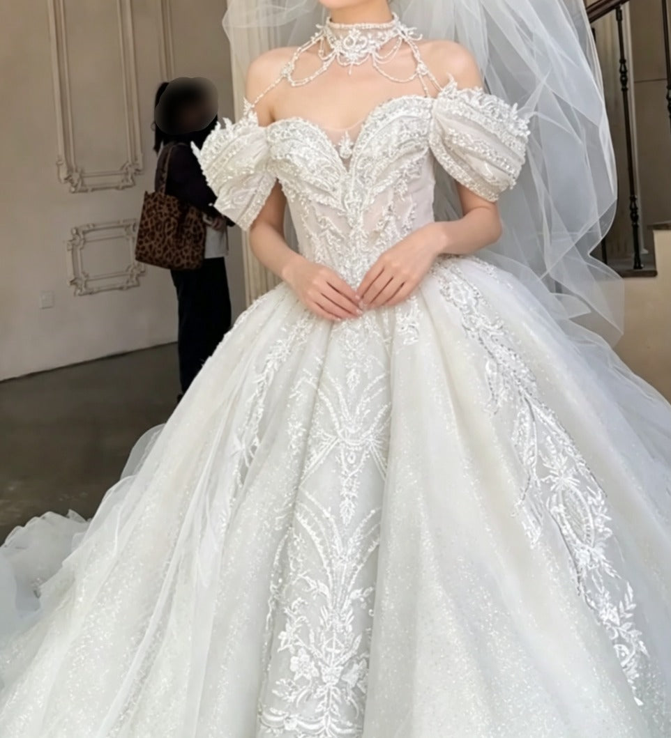 Fascinating Off-Shoulder Wedding Dress Sequins Beading A-Line Bridal Dress GG6714