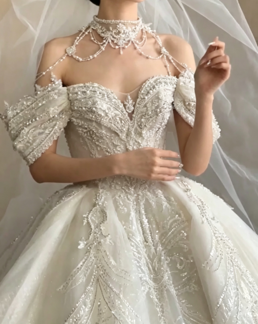 Fascinating Off-Shoulder Wedding Dress Sequins Beading A-Line Bridal Dress GG6714
