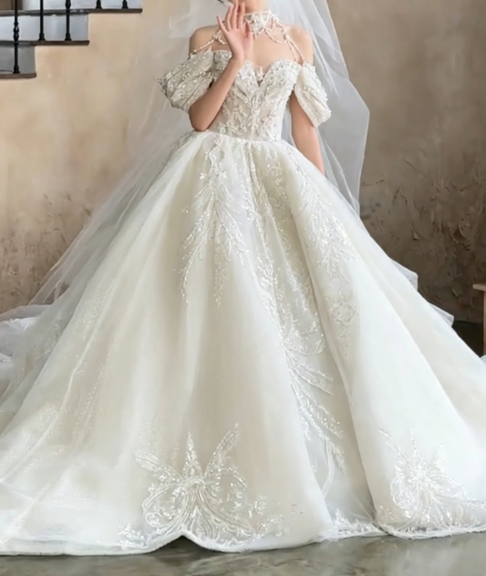Fascinating Off-Shoulder Wedding Dress Sequins Beading A-Line Bridal Dress GG6714