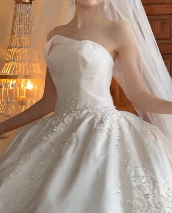 Sleek Strapless Wedding Dress Sequins Appliques A-Line Bridal Dress GG6716