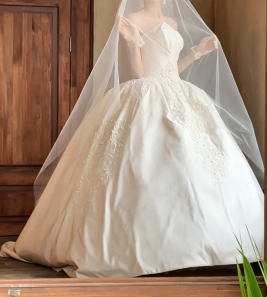 Sleek Strapless Wedding Dress Sequins Appliques A-Line Bridal Dress GG6716