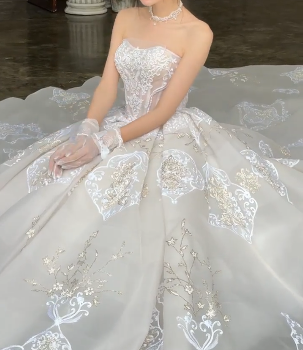 Exquisite Appliques Wedding Dress Strapless Sequins A-Line Bridal Dress GG6717