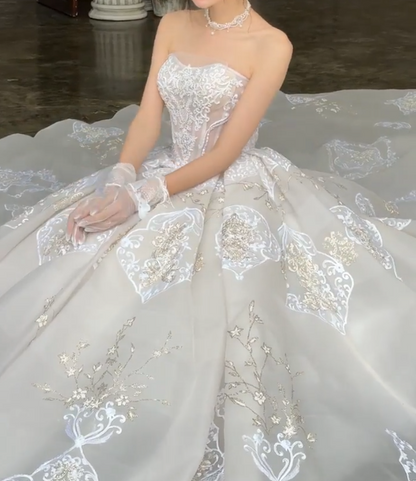 Exquisite Appliques Wedding Dress Strapless Sequins A-Line Bridal Dress GG6717