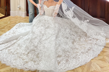Romantic Off-Shoulder Lace Wedding Dress Long Sleeve A-Line Bridal Dress GG6719