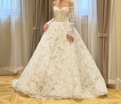 Romantic Off-Shoulder Lace Wedding Dress Long Sleeve A-Line Bridal Dress GG6719